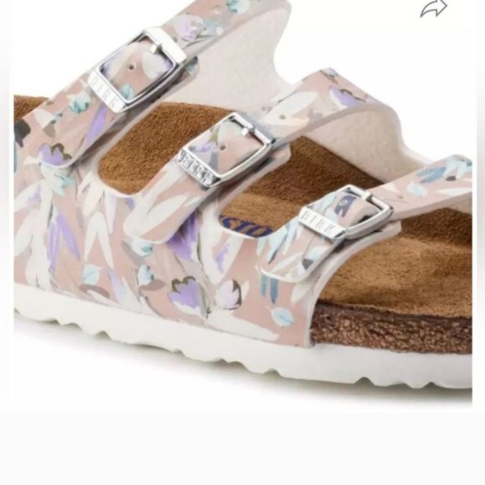 Birkenstock Floral Print Three-Strap Slide Sandals in Pastel.very Good Condition - Picture 3 of 13